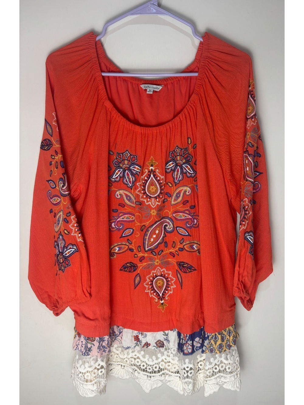 John Mark M Boho Embroidered Tunic Top Paisley Crochet Lace Ruffle Orange